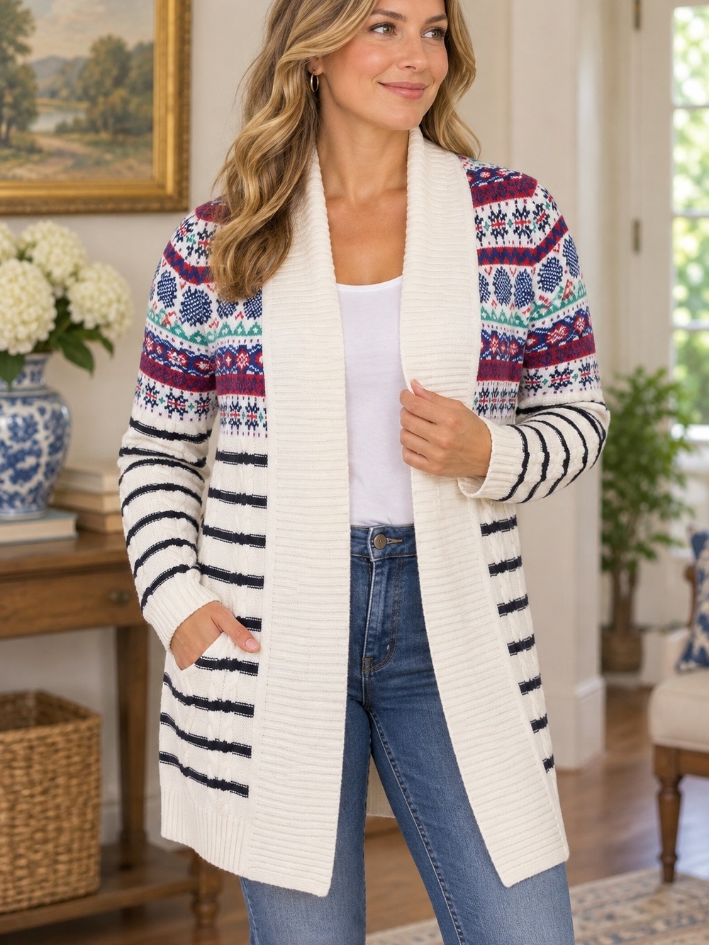 Coastal Fair Isle Open-Front Cardigan Sweater - Ivory/Navy